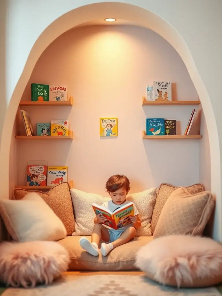 A cozy and inviting reading corner with comfortable seating, a wide selection of children's books, and soft lighting, creating a peaceful and relaxing space for children to enjoy reading at Colorful Worlds Kindergarten.