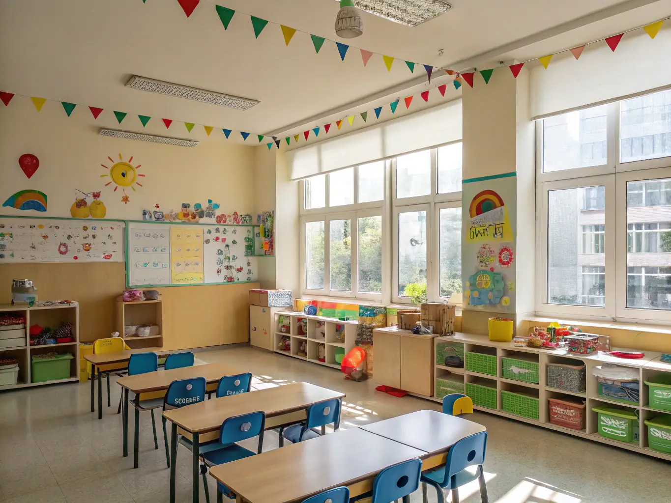 A group of kindergarten children are joyfully participating in a circle time activity, with a teacher leading a song and dance, set in a brightly decorated classroom.