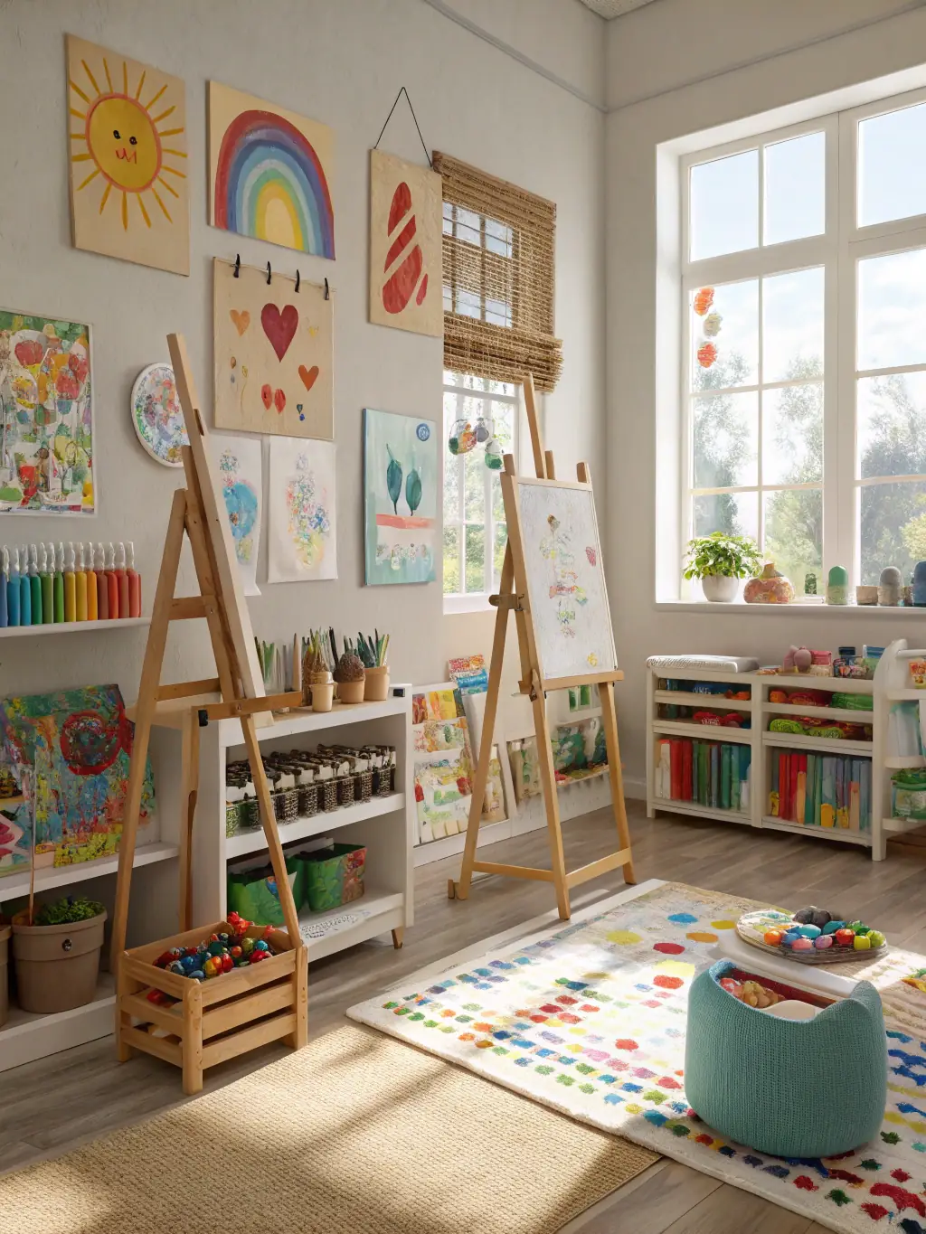 A dedicated art studio with easels, paints, brushes, and various art supplies, allowing children to express their creativity and explore different artistic mediums at Colorful Worlds Kindergarten.