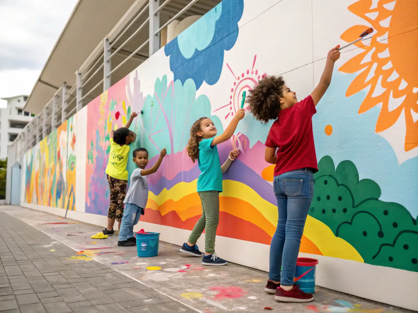 Kindergarten children are working together on an art project, painting a large mural with bright colors, in a spacious and well-lit art studio.