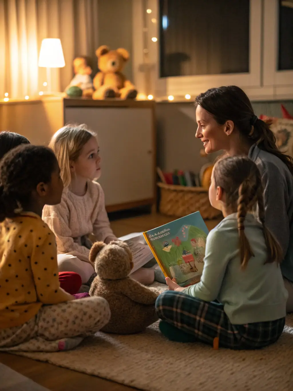A teacher is reading a book to a small group of children in a cozy reading corner at Colorful Worlds, emphasizing the importance of literacy and a love for reading from an early age.