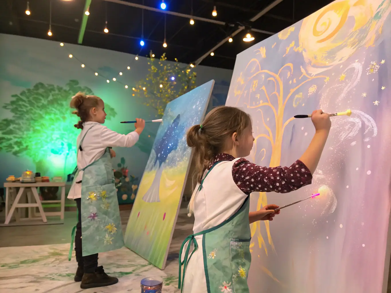 A photograph of children painting at easels during art class, with colorful artwork displayed around the room. The children are wearing smocks and are focused on their creations.