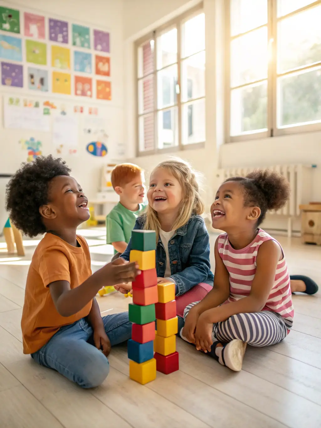 A group of 3-year-old children are happily playing with building blocks in a brightly lit classroom at Colorful Worlds, showcasing the fun and engaging learning environment for the youngest students.
