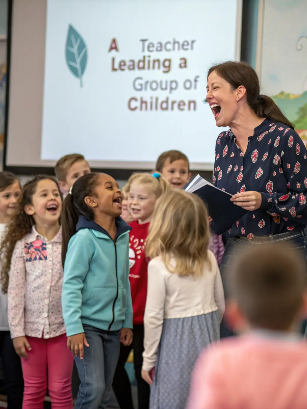 A group of 4-year-old children are participating in a circle time activity, singing songs and interacting with their teacher at Colorful Worlds, emphasizing the importance of social interaction and group learning.