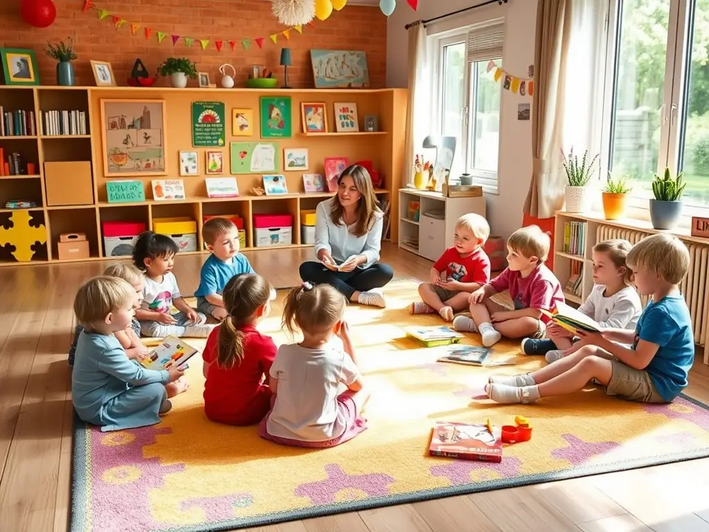 A group of kindergarten children sitting in a circle during story time, with a teacher reading aloud from a colorful picture book. The children are attentive and engaged, with smiles on their faces.
