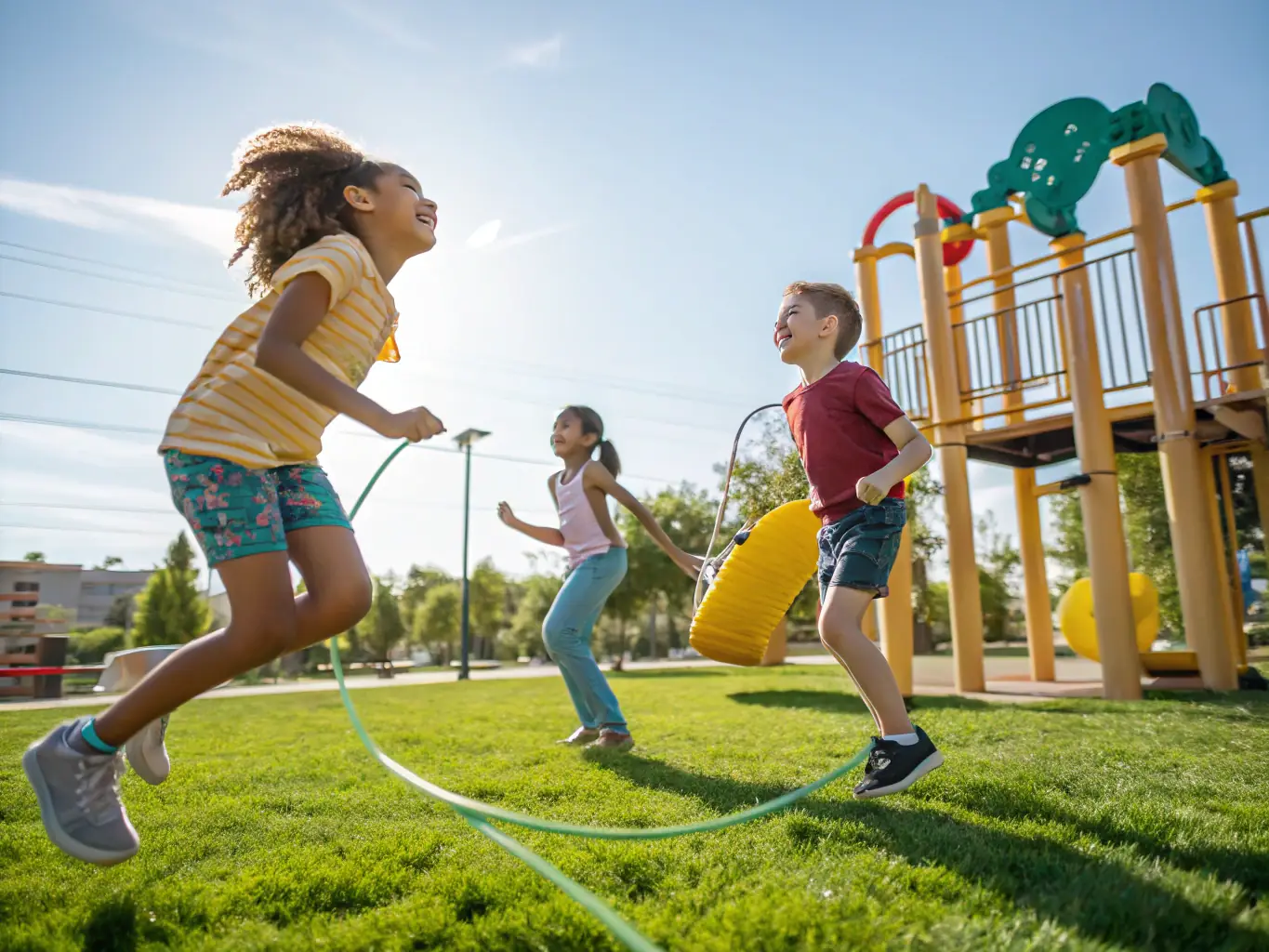 Children playing outdoors on a sunny day, running, jumping, and laughing on the playground equipment. The playground is surrounded by green grass and trees.